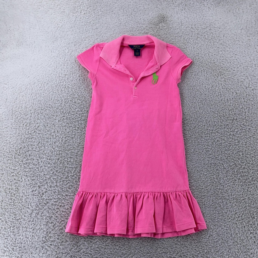 Polo Ralph Lauren Dress Girls 6 Pink Big Pony Ruffle Hem Polo Shirt Cap Sleeve